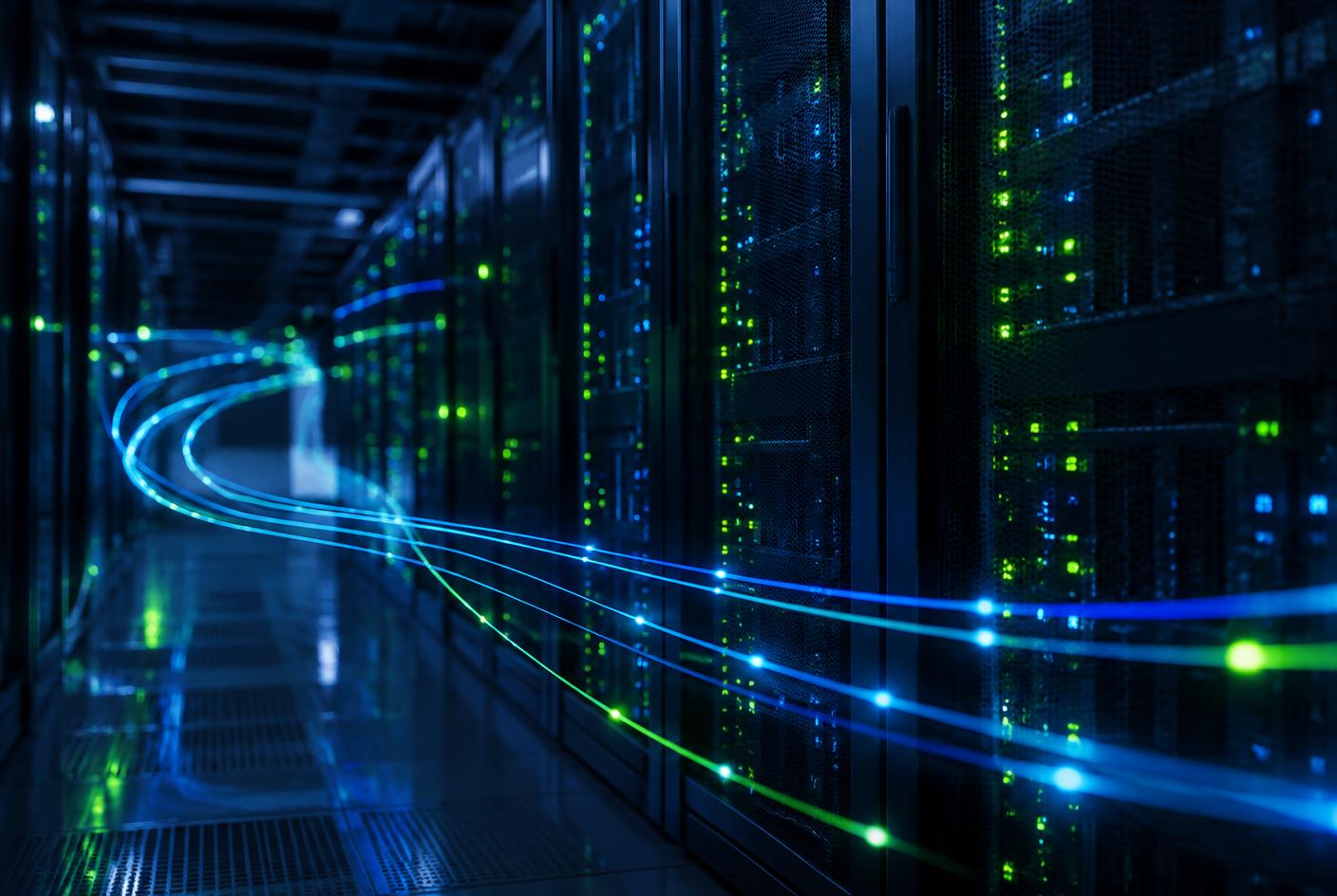 Data centre corridor with illuminated server racks and fibre optic light streaks