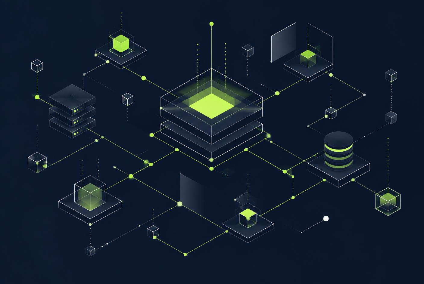 Abstract isometric diagram of software services connected by data pathways