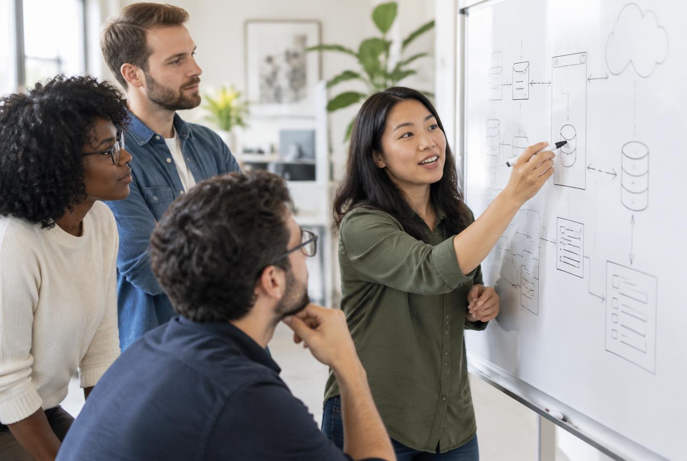 Software team discussing a system design sketched on a whiteboard in a bright office