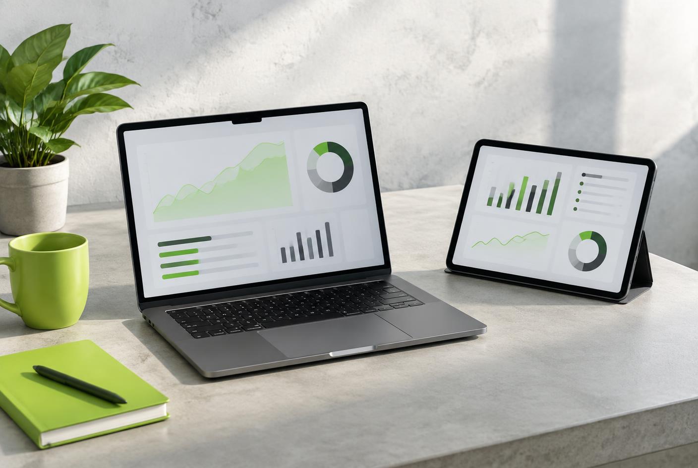 Laptop and tablet side by side showing responsive business application screens